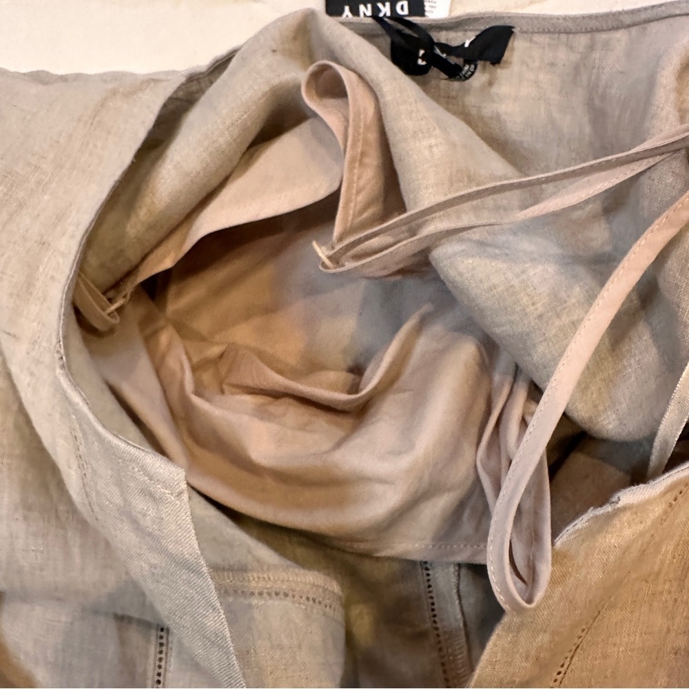 New DKNY 100% Linen Tee Kaftan Shirt Dress Lined Pockets Beige‎ Tan Sz Large - Picture 7 of 15